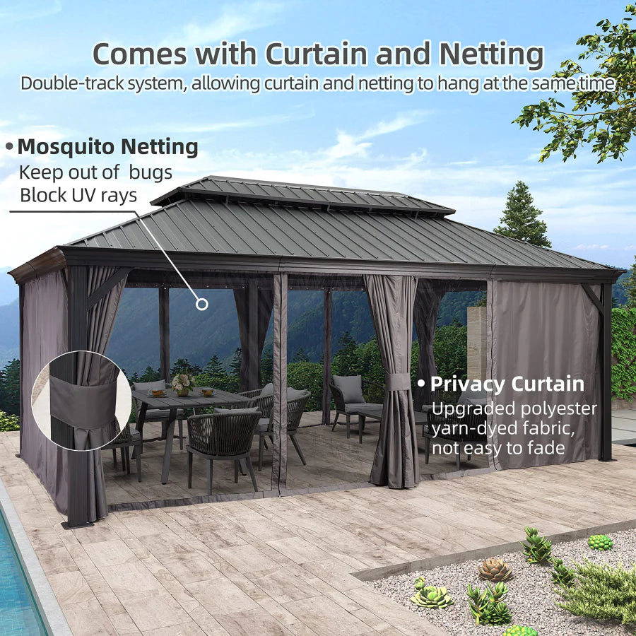 PURPLE LEAF Permanent Hardtop Gazebo Aluminum Gazebo with Galvanized Steel Double Roof for Patio Lawn and Garden, Grey